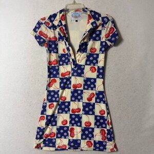 OMighty dress sz S Womens Bodycon mini cherry checkered purple red O mighty